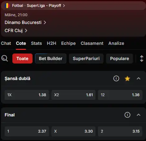 Cote pariuri Dinamo vs CFR Cluj oferite de Superbet
