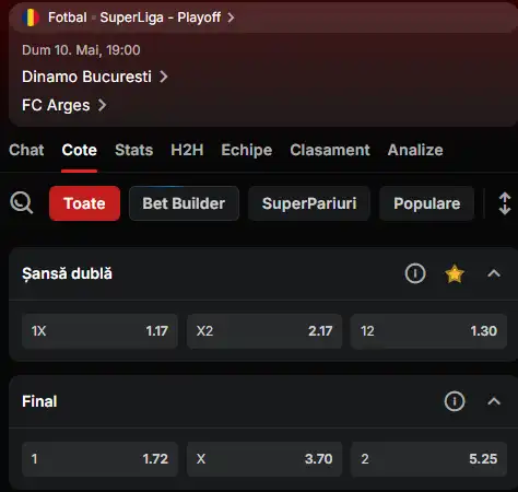 Cote pariuri Dinamo vs FC Argeș la Superbet