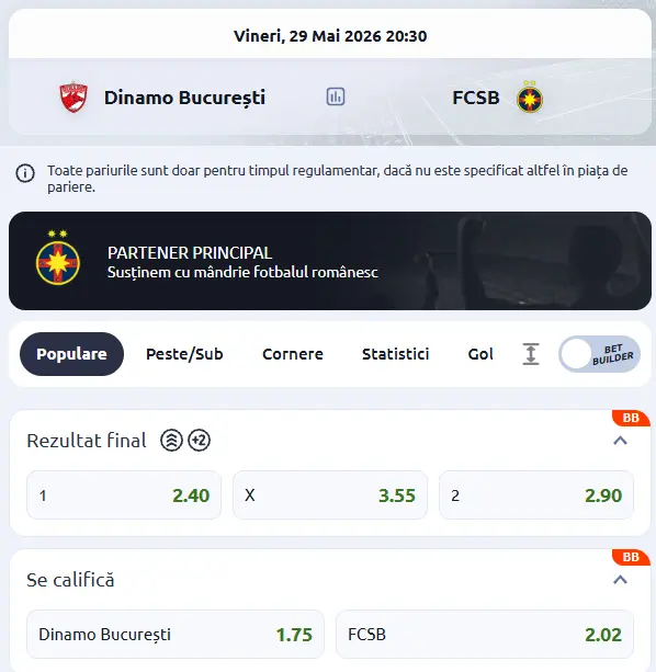 Cote pariuri Dinamo vs FCSB la Betano