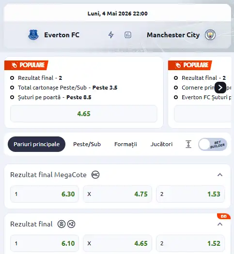 Cote pariuri Everton vs Manchester City la Betano