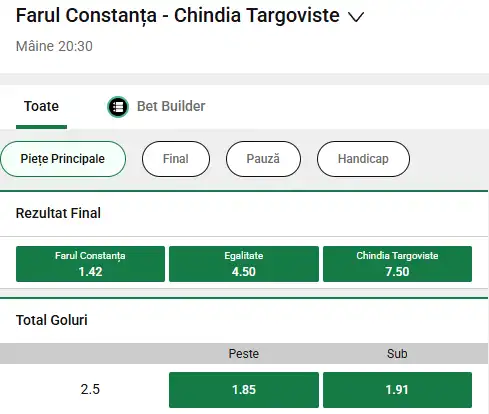 Cote pariuri Farul Constanța - Chindia Târgoviște la Unibet