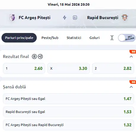 Cote pariuri FC Argeș vs Rapid la Betano
