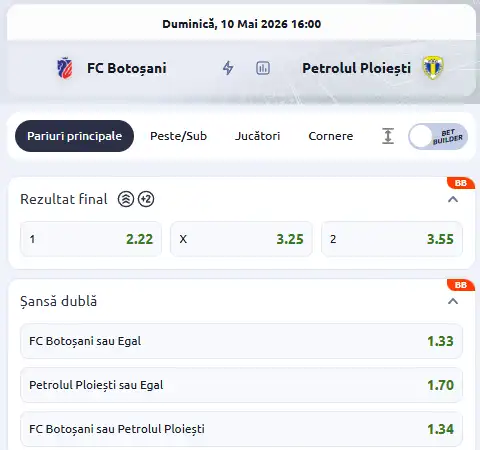 Cote pariuri FC Botoșani - Petrolul Ploiești la Betano