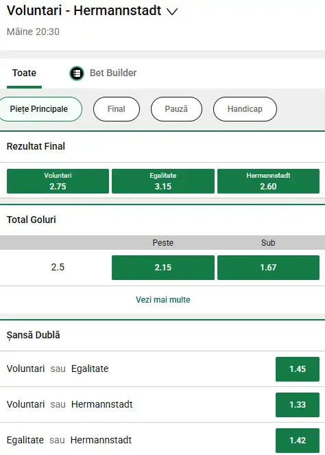 Cote pariuri FC Voluntari - Hermannstadt la Unibet