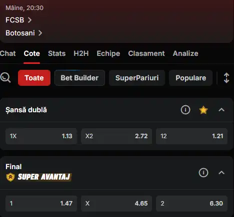 Cote pariuri FCSB vs FC Botoșani la Superbet