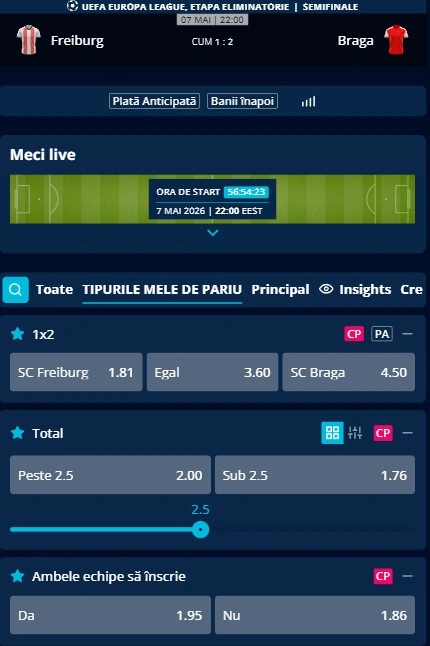 Cote pariuri Freiburg - Braga oferite de Mr Bit