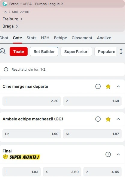 Cote pariuri Freiburg - Braga la Superbet