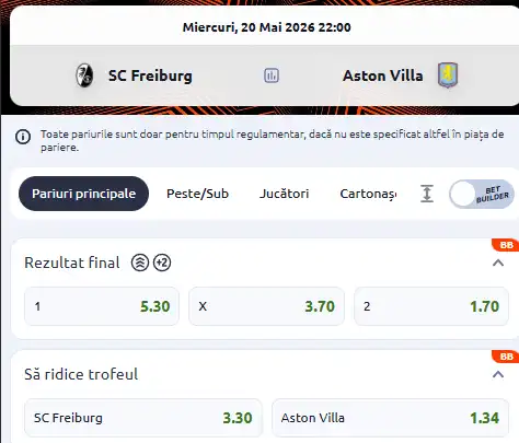 Cote pariuri Freiburg vs Aston Villa la Betano