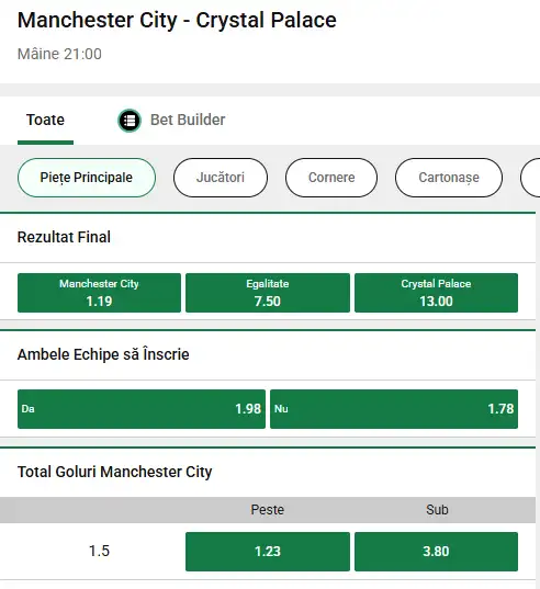 Cote pariuri Manchester City - Crystal Palace la Unibet