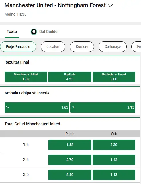 Cote pariuri Manchester United - Nottingham la Unibet
