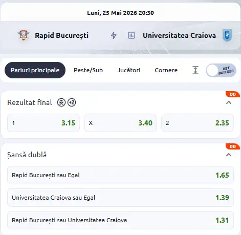 Cote pariuri Rapid vs Universitatea Craiova la Betano
