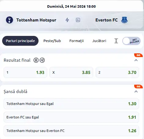 Cote pariuri Tottenham vs Everton oferite de Betano