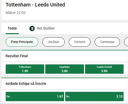 Cote pariuri Tottenham vs Leeds la Unibet