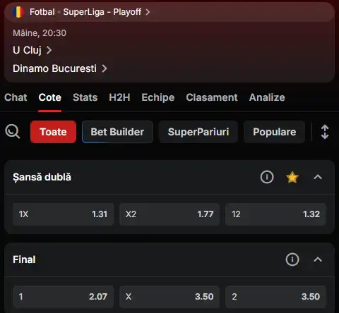 Cote pariuri U Cluj vs Dinamo la Superbet