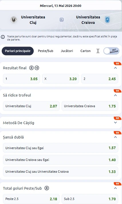 Cote pariuri U Cluj vs Universitatea Craiova oferite de Betano
