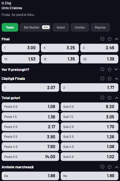 Cote pariuri U Cluj vs Universitatea Craiova la Maxbet