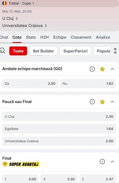 Cote pariuri U Cluj vs Universitatea Craiova de la Superbet