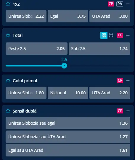 Cote pariuri Unirea Slobozia - UTA Arad la Mr Bit