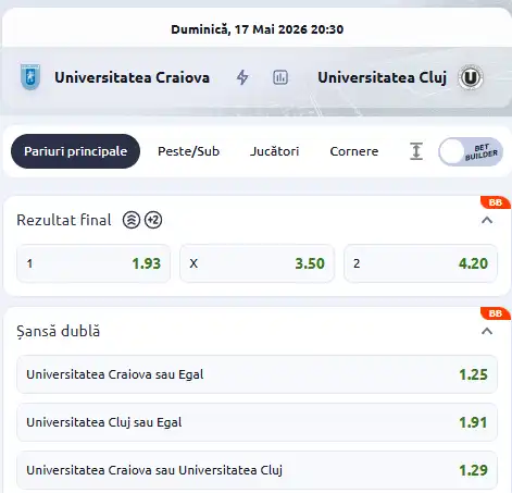 Cote pariuri Univeristatea  Craiova vs U Cluj la Betano