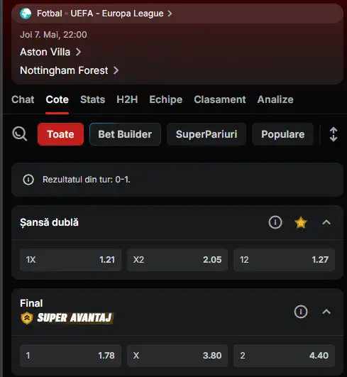 Cotele la pariuri în meciul Aston Villa - Nottingham la Superbet