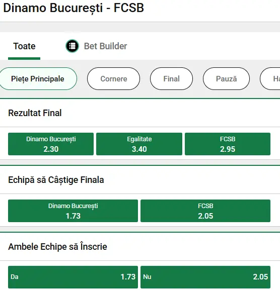 Cotele oferite de Unibet în Dinamo vs FCSB