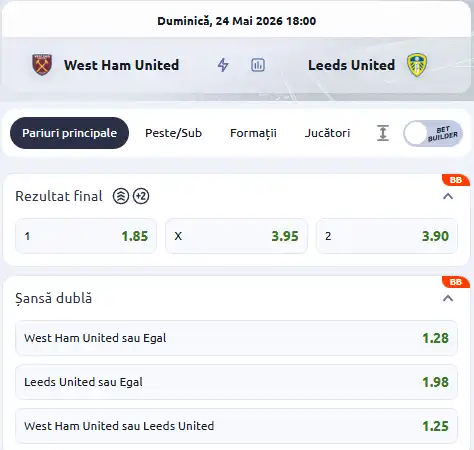 Cum arată cotele la pariuri în West Ham - Leeds la Betano