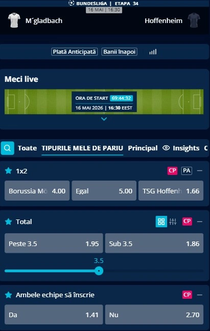 Cote pariuri Monchengladbach vs Hoffenheim