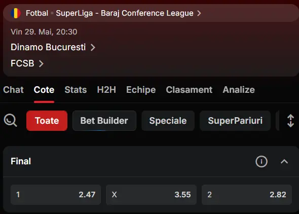 Oferta de cote la pariuri Dinamo - FCSB, la Superbet