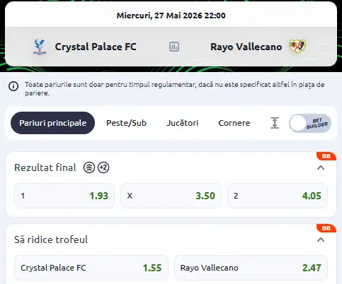 Oferta de cote pariuri Crystal Palace - Rayoo Vallecano la Betano