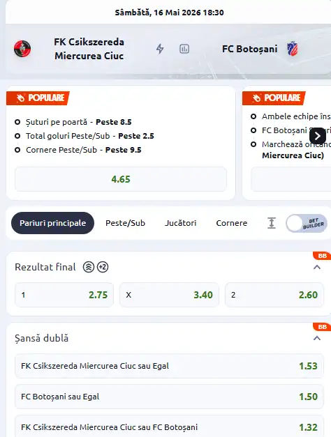 Oferta de cote pariuri Csikszereda - FC Botoșani la Betano