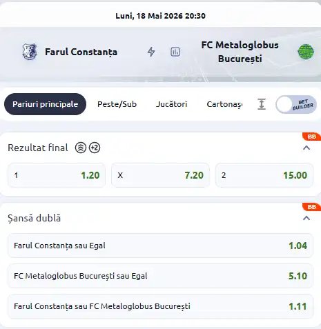 Oferta de cote pariuri Farul Constanța vs Metaloglobus la Betano