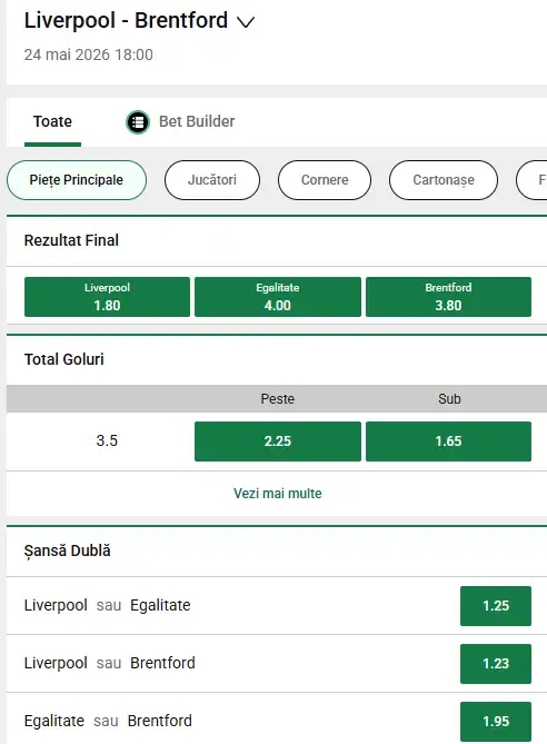 Oferta de cote pariuri Liverpool vs Brentford la Unibet