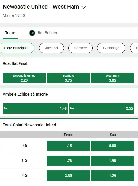 Oferta de cote pariuri Newcastle vs West Ham la Unibet
