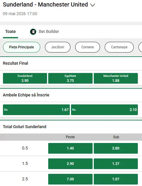 Oferta de cote pariuri Sunderland vs Manchester United la Unibet