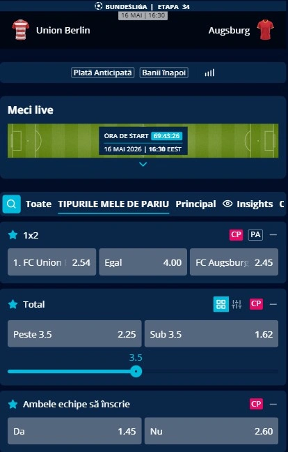 Cote pariuri Union Berlin vs FC Augsburg