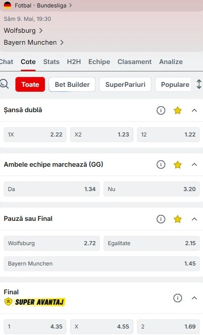 Cote pariuri Wolfsburg - Bayern