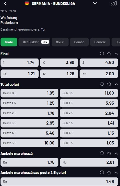 Cote pariuri Wolfsburg vs Paderborn