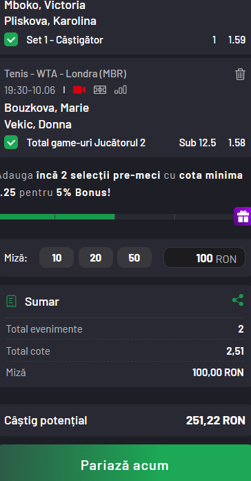 Biletul zilei tenis 10 iunie 2026