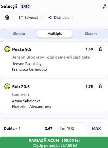 Biletul zilei tenis 17 iunie 2026