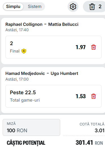 Biletul zilei tenis 18 iunie 2026