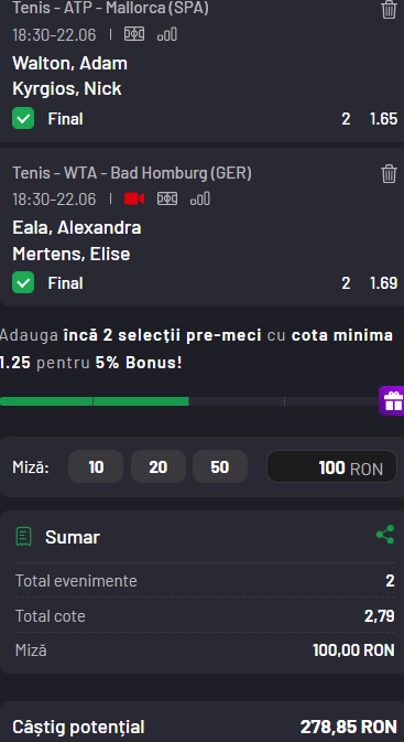 Biletul zilei tenis 22 iunie 2026