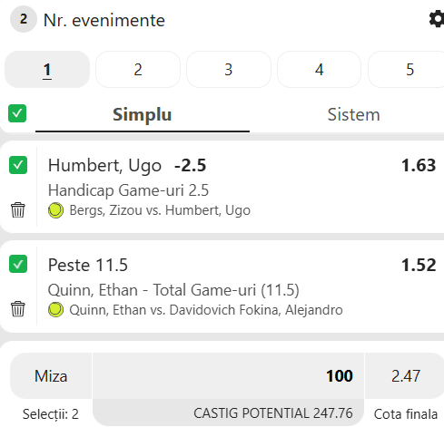Biletul zilei tenis 27 iunie 2026