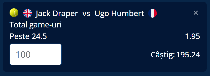 Cota 2 ATP Eastbourne semifinala Jack Draper vs Ugo Humbert, mizăm pe un ”over” la game-uri în acest meci echilibrat