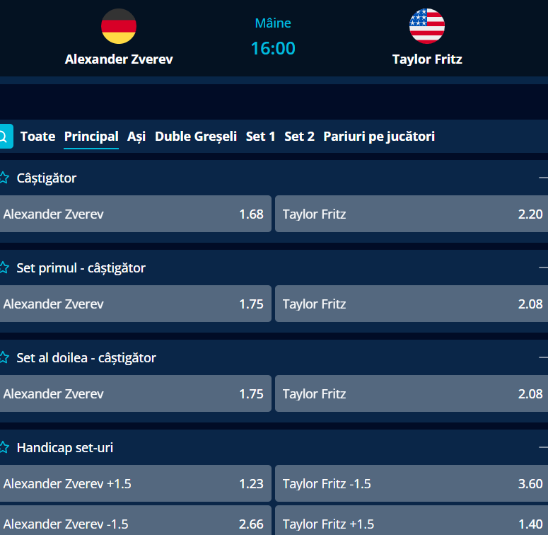 Cote Pariuri Alexander Zverev vs Taylor Fritz