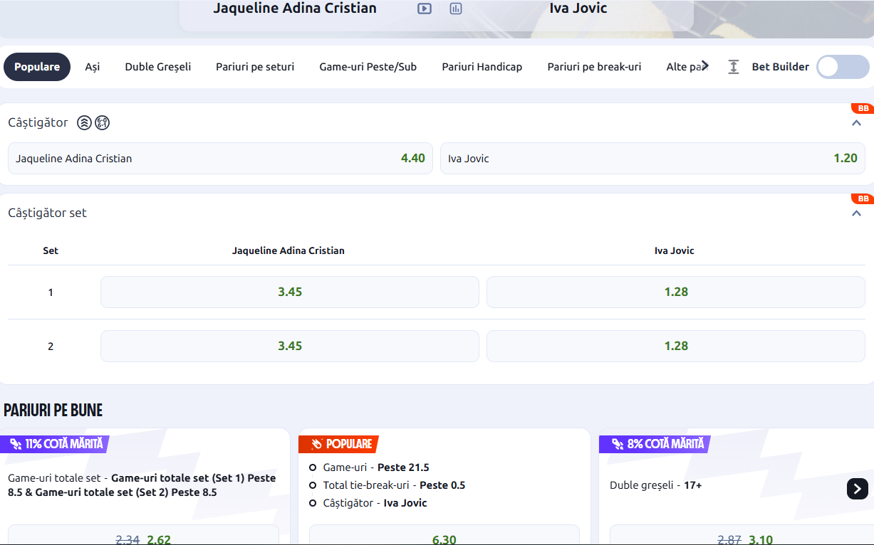 Cote Pariuri Jaqueline Cristian vs Iva Jovic