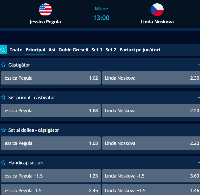 Cote Pariuri Jessica Pegula vs Linda Noskova