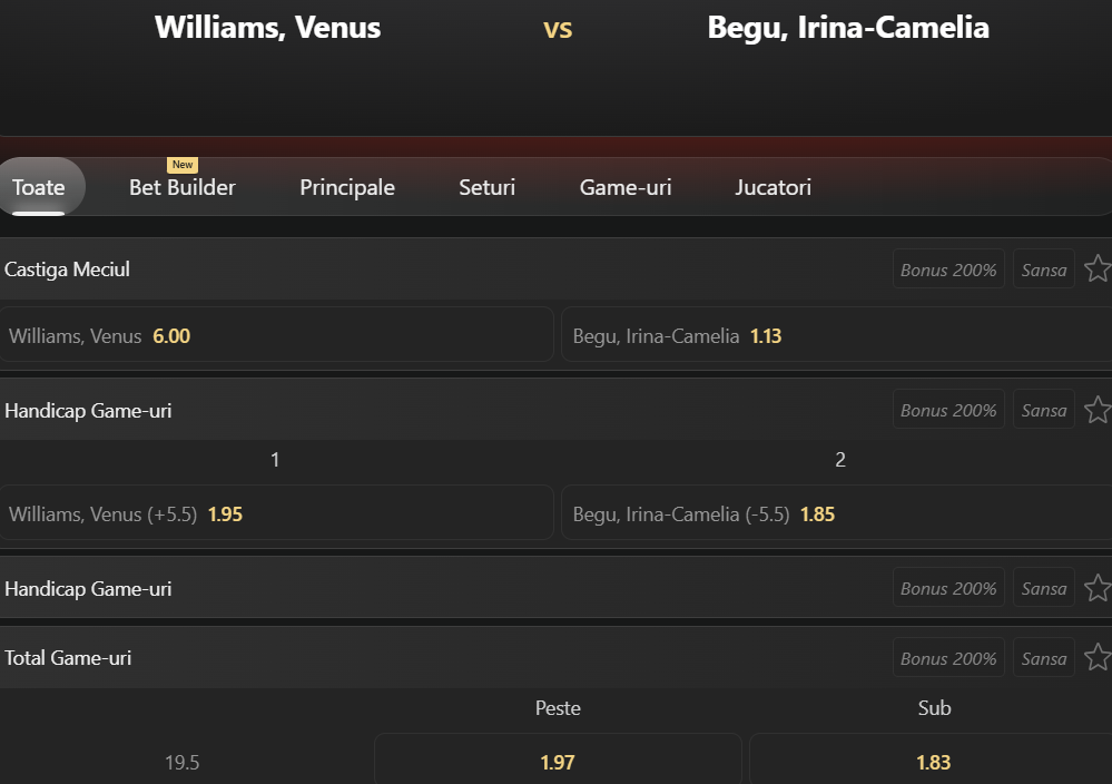 Cote Pariuri Venus Williams vs Irina Begu