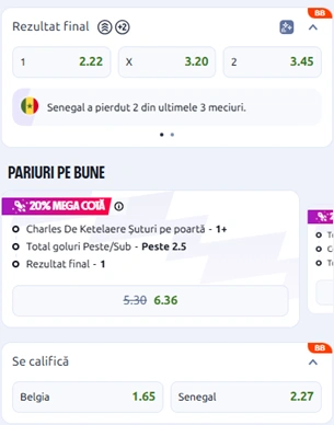 Cote pariuri Belgia vs Senegal la Betano