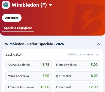 Cote pariuri Betano Wimbledon 2026 – întrecerea feminină