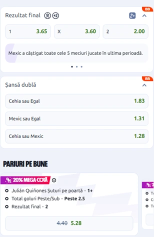 Cote pariuri Cehia vs Mexic la Betano